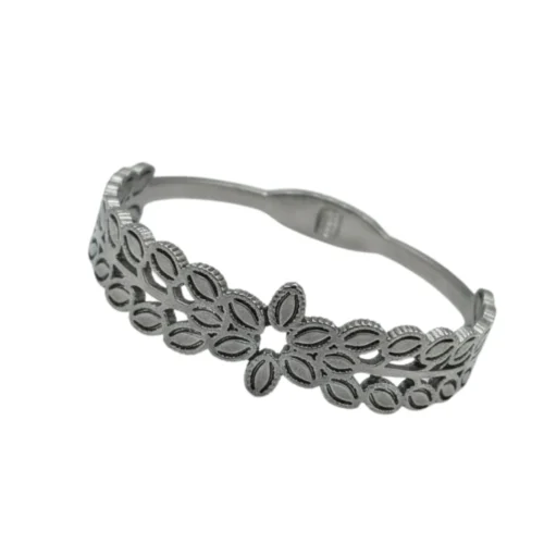 Silver-Tone Open Cuff Bracelet with Circular Cutwork & Stone-Studded Center