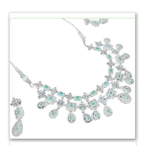 Elegant Mint Green Crystal Choker Necklace Set with Matching Earrings