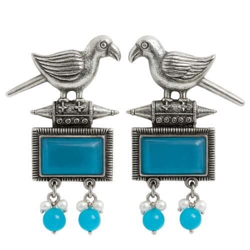 Oxidized Silver Bird Motif Turquoise Drop Earrings