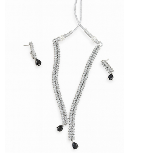 Sleek Silver Leaf-Cut Crystal Necklace Set with Black Teardrop Accents
